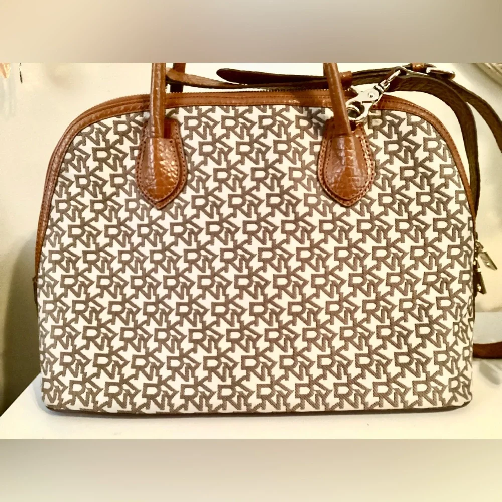 DKNY Large Tan & Brown Dome Monogram Satchel Bag w Strap - Picture 4 of 15